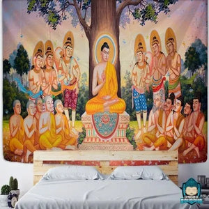 Tenture-Murale-Bouddhiste-en-polyester-illustration-enseignement-du-dharma-par-Bouddha-La-Maison-de-Bouddha