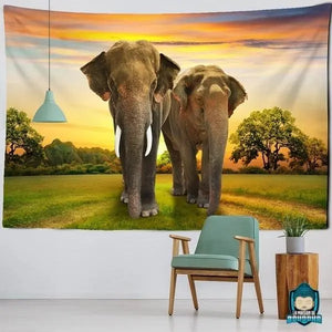 Tenture-Murale-Elephant-en-polyester-demonstration-2-elephants-en-marche-dans-la-savane