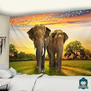 Tenture-Murale-Elephant-tissu-en-polyester-representation-2-elephants-en-marche-dans-la-savane