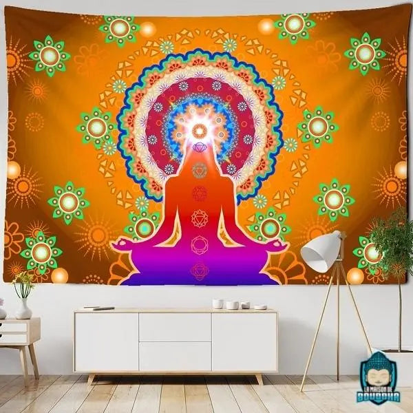 Tenture-Murale-Orange-Mandala-Chakra-tapisserie-en-polyester-illustration-meditation-La-Maison-de-Bouddha