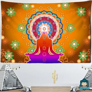 Tenture-Murale-Orange-Mandala-Chakra-tapisserie-en-polyester-representation-meditation
