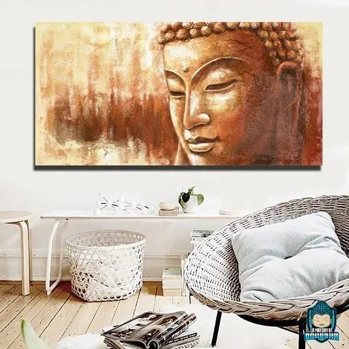 Toile-Peinture-Bouddha-visage-de-Bouddha-tons-beige-marron-clair-1-piece-canvas-230-grammes