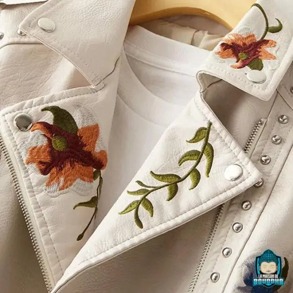 Veste Ethnique en Cuir Brodée Blanc Crème pour Femme