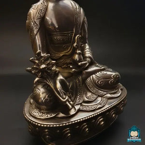 statue-bouddha-medecine-en-argent-tibetain-assis-en-meditation-sur-fleur-de-lotus-mudra