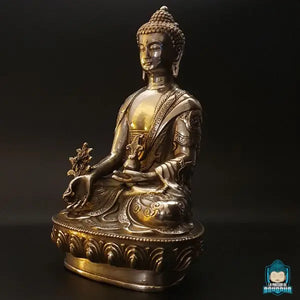 statue-bouddha-médecine-en-argent-tibétain-assis-sur-fleur-de-lotus-La-Maison-de-Bouddha